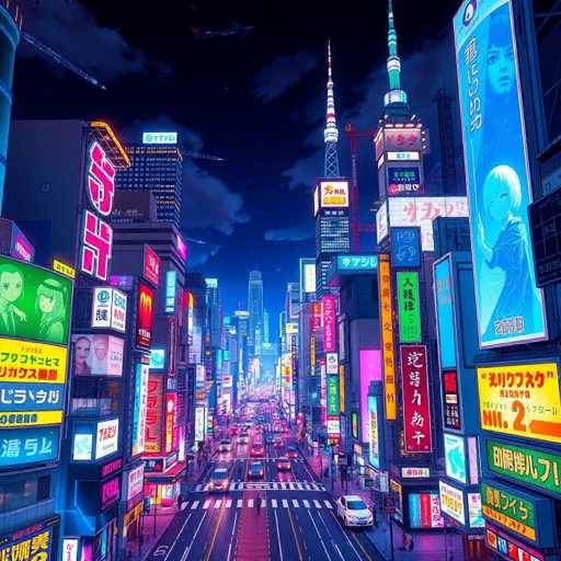 A vibrant, nighttime cityscape reminiscent of a futuristic Tokyo. The scene is dominated by towering skyscrapers adorned with an array of neon signs and billboards, all featuring Japanese characters. The sky is a deep blue, dotted with clouds, and a plane can be seen soaring overhead. The street below is alive with activity, filled with cars and pedestrians navigating the bustling urban environment. The overall atmosphere is one of dynamic energy and modernity, capturing the essence of a thriving metropolis at night.
