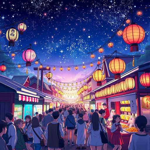 This vibrant, cartoon-style illustration depicts a bustling night market in an Asian country, possibly Japan or China. The scene is set under a dark blue sky adorned with numerous stars, creating a magical atmosphere. Colorful paper lanterns in shades of red, pink, and yellow hang from wires strung across the market, casting a warm glow over the scene. The market is filled with a diverse crowd of people, including men, women, and children, all dressed in various attire such as shorts, long dresses, and vests. They are seen walking down the central pathway, exploring the numerous stalls on either side. These stalls, some with red and white awnings, display a variety of goods, including what appears to be food items like oranges and other fruits. The overall ambiance is lively and festive, capturing the essence of a traditional night market in an Asian setting.
