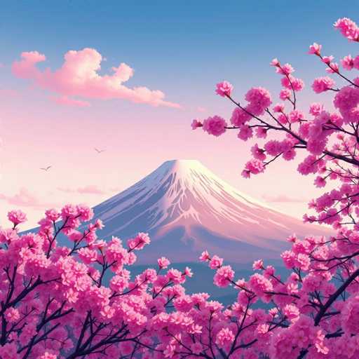 A stunning, AI-generated image captures a serene mountain landscape bathed in the soft hues of a sunrise or sunset. The sky transitions from a deep blue at the top to a delicate pink near the horizon, dotted with wispy clouds tinged in pink. In the foreground, a cherry blossom tree stands in full bloom, its branches adorned with vibrant pink blossoms. The mountain, reminiscent of Mount Fuji, rises majestically in the background, its slopes a blend of gray and white, with a snow-capped peak that gleams in the light. The mountain's base is surrounded by a lush green valley, adding depth and contrast to the scene. Two small birds can be seen soaring in the sky, enhancing the tranquil atmosphere. The overall composition exudes a sense of peace and natural beauty, making it a captivating visual experience.