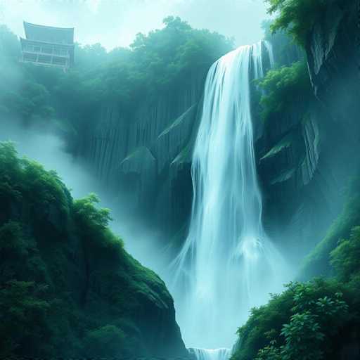 A stunning, computer-generated image depicts a majestic waterfall cascading down a steep, rocky cliff. The waterfall, rendered in a striking white hue, contrasts beautifully with the lush greenery that surrounds it. At the top left of the image, a traditional Japanese-style building with curved roofs and open windows stands prominently, adding a cultural element to the scene. The sky above is a light blue, with a hint of white, suggesting a clear, sunny day. The entire composition is enveloped in a misty atmosphere, enhancing the ethereal and serene quality of the landscape.