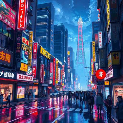 This image depicts a vibrant cityscape, likely in Japan, as suggested by the prominent Japanese characters on the numerous billboards and signs. The scene is set at night, with a dark blue sky and scattered clouds, adding to the urban ambiance. The street is bustling with activity, featuring a mix of pedestrians and vehicles, including cars and motorcycles. The road itself is marked with white lines, indicating a well-organized traffic system. 

In the background, a striking tower dominates the skyline, its structure adorned with red and white lights, creating a focal point against the night sky. The tower's design is intricate, with a pointed top and a circular base, adding an element of architectural interest to the scene. The overall atmosphere is lively and dynamic, capturing the essence of a busy urban night in what appears to be a Japanese metropolis.