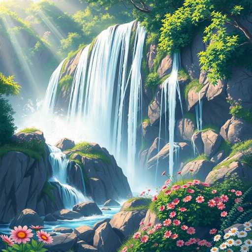 This image is a detailed, computer-generated illustration of a serene natural landscape. Dominating the scene is a majestic waterfall cascading down a rocky cliff, with water flowing in multiple directions— primarily to the left, but also to the right and slightly downward. The waterfall is framed by lush greenery, including trees and bushes, which add vibrant color to the composition. At the base of the waterfall, a tranquil pool of water reflects the surrounding beauty. In the bottom right corner, a cluster of pink and white flowers blooms amidst the green grass, adding a touch of delicate beauty to the rugged terrain. The overall atmosphere is one of peacefulness and natural splendor, with the interplay of water, rocks, and flora creating a harmonious and picturesque scene.