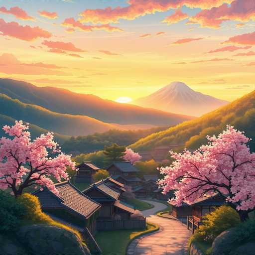 This image is a detailed, computer-generated illustration of a picturesque mountain village at sunset. The scene features a winding road that begins at the bottom center of the image and curves to the right, eventually disappearing behind a house. On either side of the road, there are several houses with brown roofs and white walls, nestled among lush greenery and vibrant pink cherry blossom trees. The village is surrounded by rolling hills and mountains, with a prominent, snow-capped mountain in the background. The sky is a stunning blend of blue, yellow, and orange hues, with clouds tinged in pink and orange, adding to the serene and tranquil atmosphere. The overall composition captures the essence of a peaceful, idyllic setting, reminiscent of a traditional Japanese village.