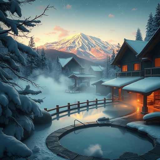 A serene, winter-wonderland hot spring scene unfolds. Snow-covered trees frame a steaming outdoor bath, reflecting the soft glow of warm lights. A majestic mountain range dominates the background under a pastel sky, creating a tranquil, picturesque view with a hyper-realistic, cinematic aesthetic.
