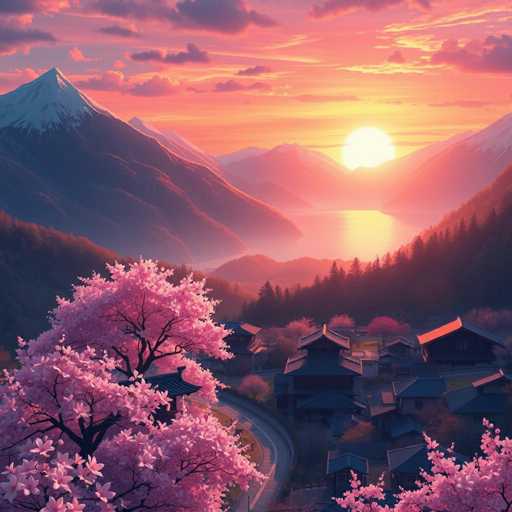 A stunning, computer-generated image captures a serene Japanese village nestled at the base of majestic mountains. The village, characterized by its traditional architecture, features buildings with distinctive curved roofs and dark brown walls. A winding road meanders through the village, leading to a small shrine adorned with cherry blossom trees. The scene is bathed in the warm, golden hues of a setting sun, which casts a pink and yellow glow across the sky and reflects beautifully on the tranquil lake in the background. The mountains, with their snow-capped peaks, rise dramatically in the distance, adding to the picturesque landscape. The sky is a mesmerizing blend of pink and yellow, with clouds tinged in pink, enhancing the overall ethereal quality of the image.