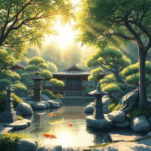 This image depicts a serene Japanese garden, meticulously designed with traditional elements. At the center of the garden lies a tranquil pond, home to several vibrant orange koi fish. The pond is bordered by large, gray boulders and flanked by two elegant stone lanterns. Surrounding the pond are various trees, including a prominent bonsai tree on the right side, adding to the garden's natural beauty.

In the background, a traditional Japanese house with a distinctive curved roof stands, its brown walls and windows blending harmoniously with the natural surroundings. The house features a small porch with steps leading down to the pond, inviting visitors to sit and enjoy the peaceful scenery. The entire scene is bathed in warm sunlight, which filters through the trees, casting a gentle glow over the garden and enhancing its tranquil atmosphere.