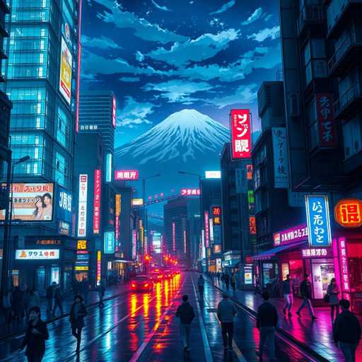 A captivating nighttime cityscape of a bustling Asian metropolis, possibly in Japan or China, unfolds under a dark blue sky. The scene is dominated by towering skyscrapers adorned with vibrant neon signs and billboards, some featuring Asian characters. The wet streets reflect the glow of numerous car headlights, adding a shimmering effect to the urban landscape. In the distance, a majestic mountain, likely Mount Fuji, stands tall, its snow-capped peak contrasting against the night sky. The streets are alive with people walking along the sidewalks and others crossing the road, contributing to the lively atmosphere of this vibrant city.
