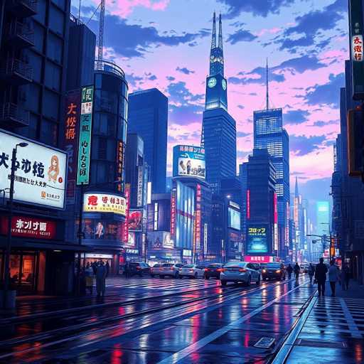This image depicts a vibrant cityscape at dusk, likely in an Asian metropolis such as Tokyo or Hong Kong. The scene is dominated by towering skyscrapers adorned with numerous neon signs and billboards, many of which feature Japanese or Chinese characters. The sky is a mesmerizing blend of pink, purple, and blue hues, with scattered clouds adding depth to the twilight atmosphere. The street below is bustling with activity, illuminated by the reflections of neon lights on the wet pavement, suggesting recent rainfall. Cars are seen driving along the road, while pedestrians walk along the sidewalks, contributing to the lively urban ambiance. The overall aesthetic is reminiscent of a scene from a video game, with its vivid colors and dynamic energy capturing the essence of a modern Asian city at night.