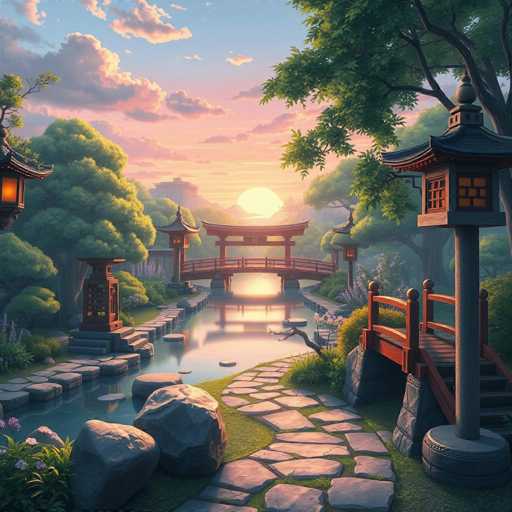This image depicts a serene, computer-generated scene of a traditional Japanese garden at sunset. The sky is a gradient of blue, pink, and purple hues, with the sun setting behind a mountain range, casting a warm glow over the landscape. In the foreground, a stone pathway meanders through lush green grass, leading to a small wooden bridge with a red railing. This bridge spans a tranquil river, which reflects the colorful sky and the setting sun. On either side of the river, large boulders and vibrant flowers add to the natural beauty. The garden is adorned with numerous trees, some with purple blossoms, and traditional Japanese lanterns that emit a soft orange light. A prominent torii gate stands in the background, further enhancing the traditional Japanese aesthetic. The entire scene is devoid of people, emphasizing the peaceful and untouched nature of this picturesque landscape.
