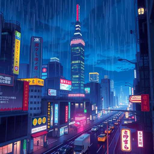 This image depicts a vibrant, cartoon-style cityscape at night, likely set in an Asian metropolis such as Tokyo or Hong Kong. The scene is dominated by a central skyscraper with a distinctive red spire, surrounded by numerous other tall buildings adorned with neon signs and billboards featuring Asian characters, possibly Japanese or Chinese. The street below is bustling with traffic, including yellow taxis and other vehicles, all moving towards the viewer. The sky is a deep blue, filled with clouds, and illuminated by the bright lights of the city, creating a dynamic and energetic atmosphere. The overall color palette includes shades of blue, pink, yellow, orange, and black, enhancing the lively and modern feel of the urban landscape.