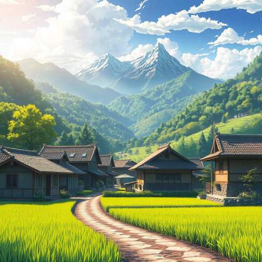 This image depicts a picturesque, computer-generated scene of a traditional Japanese village nestled in a lush, mountainous landscape. The village features several wooden houses with distinctive curved roofs, some adorned with skylights, and a stone walkway meandering through the area. The houses are surrounded by vibrant green grass, and the backdrop is dominated by majestic, snow-capped mountains under a bright blue sky dotted with fluffy white clouds. The entire scene exudes a serene and idyllic atmosphere, reminiscent of a high-quality video game or an AI-generated artwork.