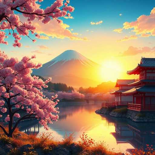 This image is a detailed, computer-generated depiction of Mount Fuji, the iconic snow-capped mountain, set against a serene sunrise or sunset. The sky is a gradient of blue, yellow, and orange hues, with clouds tinged in pink and yellow. The mountain itself is a majestic presence, with its snow-capped peak contrasting against the colorful sky. In the foreground, cherry blossom trees with pink blossoms frame the scene, adding a touch of natural beauty. A tranquil lake lies at the base of the mountain, its surface reflecting the warm light of the sun. Surrounding the lake are lush green trees and a traditional Japanese pagoda, painted in red and white, with a distinctive blue roof. The pagoda stands on a rocky outcrop, adding to the picturesque quality of the scene. The overall composition captures the serene beauty and cultural elements of Japan, making it a stunning representation of the landscape.