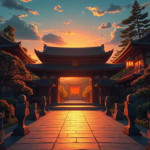 A stunning photograph captures the serene beauty of a Japanese temple at sunset. The temple, with its distinctive curved roofs and intricate architecture, stands majestically at the end of a long, stone-paved walkway. The warm hues of the setting sun bathe the scene in a soft, golden glow, highlighting the rich textures of the stone path and the temple's structure. Lush trees frame the walkway, adding to the tranquil ambiance. The sky is a canvas of blue, dotted with clouds that are tinged with the fiery colors of the sunset, creating a breathtaking backdrop. The entire scene is devoid of people, allowing the viewer to fully immerse in the peaceful and almost mystical atmosphere of this iconic Japanese landmark.