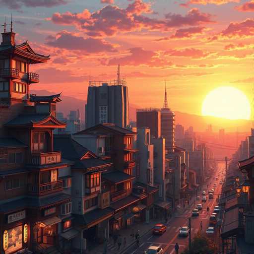 This image captures a vibrant cityscape at sunset, showcasing a bustling urban environment with a mix of traditional and modern architecture. The sky is a stunning blend of orange, pink, and yellow hues, with the sun setting on the right side of the image. The foreground features a busy street filled with cars and pedestrians, while the background reveals a diverse skyline of buildings, some adorned with Asian characters, suggesting a location in an Asian country. Notably, a tall building with a distinctive Asian-style roof stands prominently on the left side, and a large structure with a radio tower rises in the center. The scene is further enriched by the presence of mountains in the distance, adding depth to this picturesque cityscape.