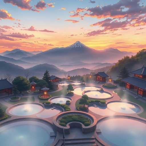 A serene, anime-style Japanese hot spring resort unfolds at sunset. Warm hues paint the sky as tranquil pools reflect majestic mountains shrouded in mist. Traditional Japanese buildings with glowing lanterns dot the landscape, creating a peaceful and idyllic scene. The overall art style is soft, delicate, and dreamlike.