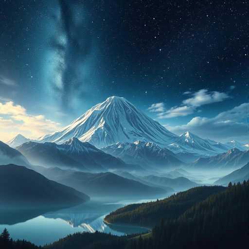 This image captures a breathtaking view of Mount Fuji, the iconic snow-capped peak rising majestically in the center of the frame. The mountain's pristine white snow contrasts beautifully with the dark blue sky, which is dotted with numerous stars, creating a serene and almost ethereal atmosphere. The sky transitions from a deep blue at the top to a lighter hue near the horizon, where wispy clouds add texture to the scene. 

In the foreground, a tranquil body of water mirrors the mountain's reflection, enhancing the image's symmetry and depth. The water's surface is calm, with only slight ripples disturbing its glassy appearance. Surrounding the water, lush green trees and rolling hills add a touch of earthy warmth to the otherwise cool tones of the scene. The overall composition is a harmonious blend of natural elements, showcasing the majestic beauty of Mount Fuji and its serene surroundings.