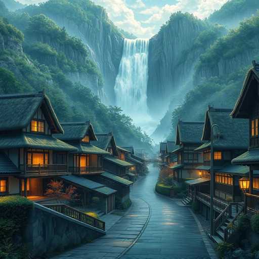 The image depicts a serene village nestled at the base of a waterfall. The village is composed of several traditional Japanese houses with thatched roofs and wooden beams, arranged in a winding path down to the water's edge. The houses are illuminated by warm yellow lights, creating a cozy atmosphere. The scene is captured from a low angle, emphasizing the grandeur of the waterfall and the village below it.