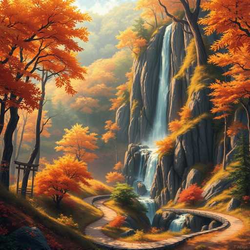 The image depicts a serene autumn scene featuring a waterfall cascading down the side of a cliff surrounded by trees with vibrant orange and yellow leaves. The path leading up to the waterfall is made of wood and curves gently around it. The sky above is clear blue with scattered clouds, creating a harmonious blend of colors in the landscape.