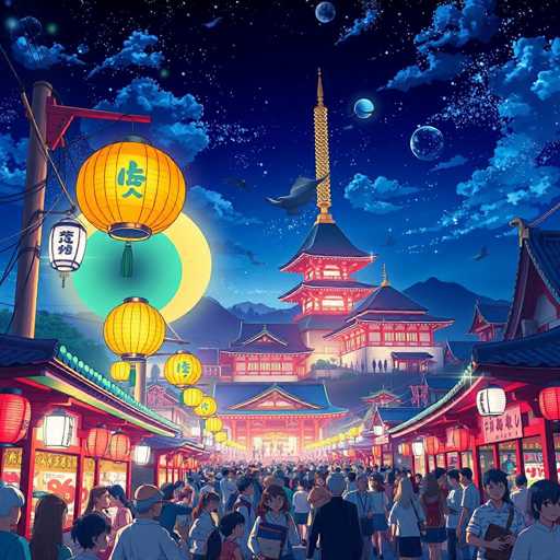 The image depicts a bustling night market scene with numerous people walking around and exploring the various stalls. The market is illuminated by colorful lanterns hanging from the buildings, creating a vibrant atmosphere. In the background, there are traditional Japanese buildings featuring red roofs and white walls adorned with intricate patterns. A tall tower stands out among these structures, adding to the overall charm of the scene.
