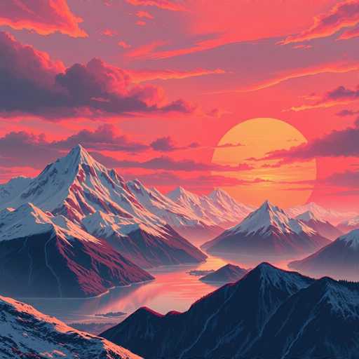 The image depicts a breathtaking mountain landscape at sunset. The sky is painted with hues of pink and orange, creating a stunning backdrop for the mountains below. The sun is positioned on the horizon line, casting long shadows across the scene. The mountains are covered in snow, their peaks dusted with white powder. A river flows through the center of the image, its waters reflecting the warm colors of the sunset. The perspective of the photo is taken from a high vantage point, offering a panoramic view of the landscape below.