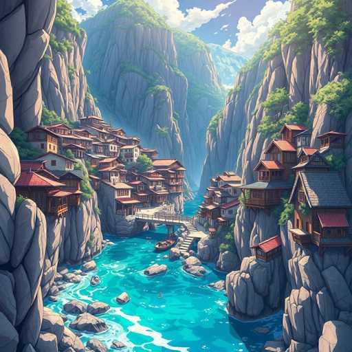The image depicts a picturesque mountain village nestled between two large rock formations. The village is composed of several buildings with red roofs and white walls, arranged in a way that creates a harmonious blend of man-made structures and natural surroundings. A bridge connects the two sides of the valley, allowing for easy access to the village's interior. The river flowing through the center of the village adds a serene element to the scene. The sky above is clear blue with fluffy white clouds, suggesting a bright and sunny day.