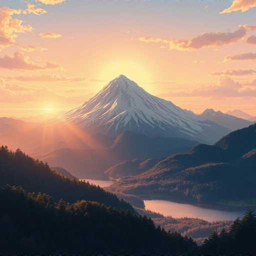 The image depicts a mountain range with a large snow-capped peak and a lake nestled at the base of the mountains. The sun is setting behind the mountains, casting a warm glow over the scene. The sky above is painted in shades of orange and pink, creating a beautiful backdrop for the natural landscape.