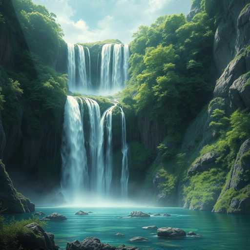 The image depicts a serene waterfall cascading down into a tranquil lake surrounded by lush green trees and rocks. The waterfall is situated on the left side of the frame, with its water spraying upwards in a display of nature's power. The lake, located at the bottom right corner, mirrors the surrounding greenery and adds to the overall sense of peace and harmony. The sky above is a clear blue, providing a beautiful backdrop for this picturesque scene.