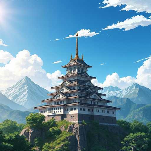 The image shows a traditional Japanese pagoda perched on a rocky cliff overlooking a lush green valley below. The pagoda is constructed from white stone and features multiple tiers, with the topmost tier being adorned with gold accents. The surrounding landscape includes mountains in the background under a clear blue sky dotted with fluffy white clouds.