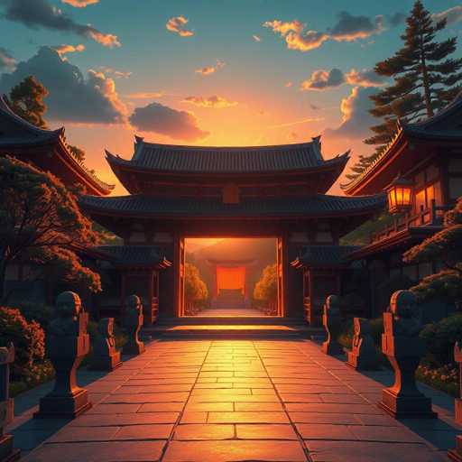 The image depicts a traditional Japanese temple with a large wooden gate at the center, flanked by two smaller gates on either side. The temple is surrounded by lush greenery and trees, creating a serene and tranquil atmosphere. The sky above is painted in warm hues of orange and yellow, suggesting that it's either sunrise or sunset.