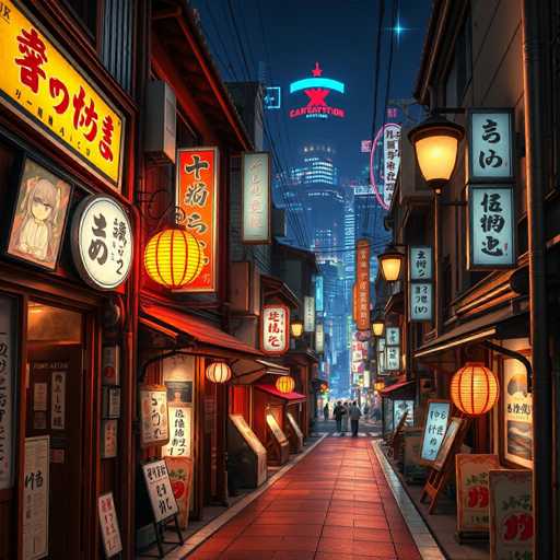 The image depicts a narrow street in Japan at night, lined with buildings and shops adorned with colorful signs and lanterns that cast a warm glow on the scene. The perspective is from ground level, looking down the length of the street towards the horizon.