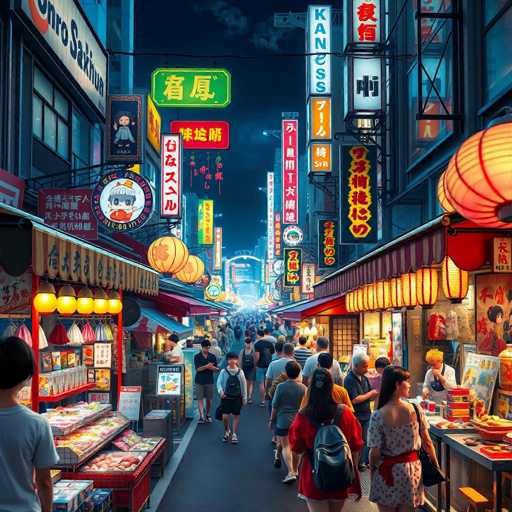 The image depicts a bustling night market scene in Japan. The street is lined with colorful shops and restaurants, their signs illuminated by warm orange lights that cast a vibrant glow on the surrounding area. People can be seen walking along the sidewalk, adding to the lively atmosphere of the market.