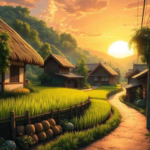 The image depicts a serene rural scene with a winding dirt road leading towards a cluster of traditional Japanese houses nestled amidst lush greenery and trees. The houses have thatched roofs and wooden walls, adding to the rustic charm of the setting. The sky is painted in warm hues of orange and yellow as the sun sets behind the mountains in the distance.