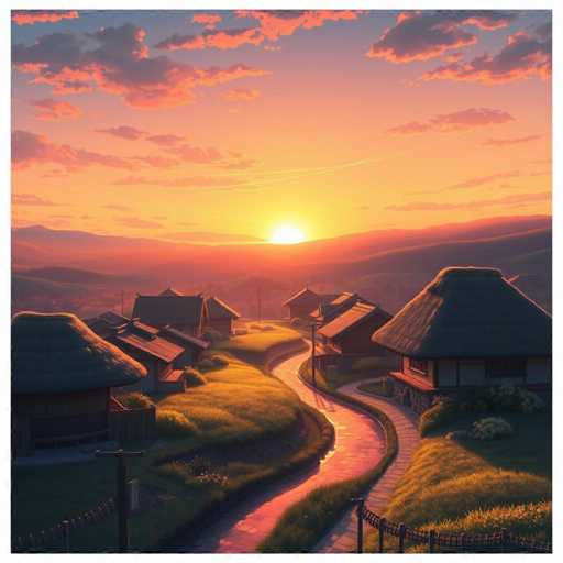 The image depicts a serene rural landscape at sunset. The sky is painted with hues of orange and pink, serving as the backdrop for a small village nestled amidst rolling hills. The village consists of several traditional Japanese houses, each characterized by their thatched roofs and wooden frames. A winding dirt road meanders through the village, leading towards the horizon where the sun sets behind the hills.