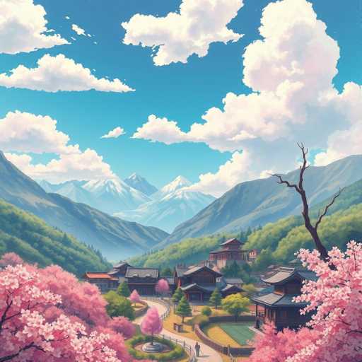 The image depicts a serene mountain village nestled amidst lush green mountains and trees with pink flowers blooming on the left side of the frame. The sky above is a clear blue dotted with fluffy white clouds, creating a picturesque backdrop for the village below. In the foreground, there are two people walking along a path that winds through the village, adding a sense of scale to the scene.