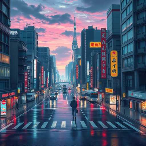 The image depicts a busy city street at dusk with tall buildings lining the road and colorful signs advertising various businesses. A pedestrian is seen crossing the street, adding a sense of movement to the scene. The sky above is painted in shades of pink and orange, creating a warm glow over the urban landscape.