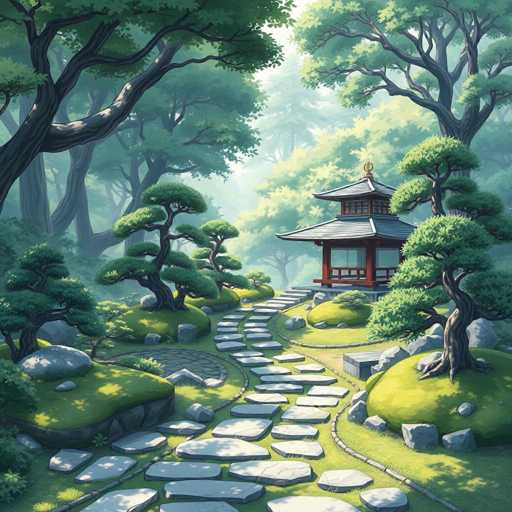 The image depicts a serene garden scene with a traditional Japanese pagoda nestled amidst lush greenery and trees. The garden features stone pathways winding through the verdant landscape, leading to the pagoda at the end of the path. The colors in the image are predominantly green and brown, creating a harmonious blend of nature and architecture.