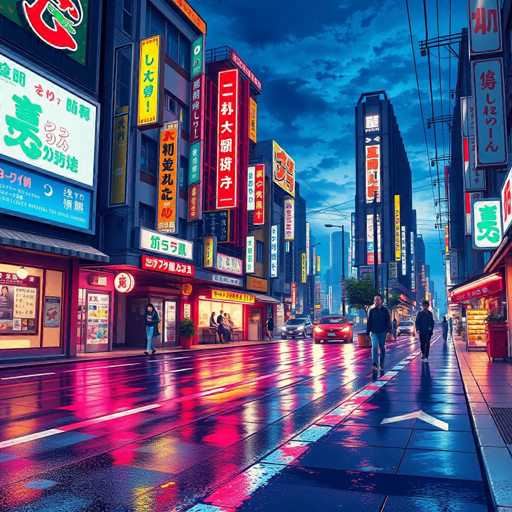 The image depicts a busy street scene in Japan at dusk. The sky is painted with hues of blue and orange, creating a warm glow over the cityscape. The buildings lining the street are adorned with colorful neon signs that add to the vibrant atmosphere. Several people can be seen walking along the sidewalk, contributing to the lively ambiance. Cars are parked on both sides of the street, indicating a bustling urban environment.