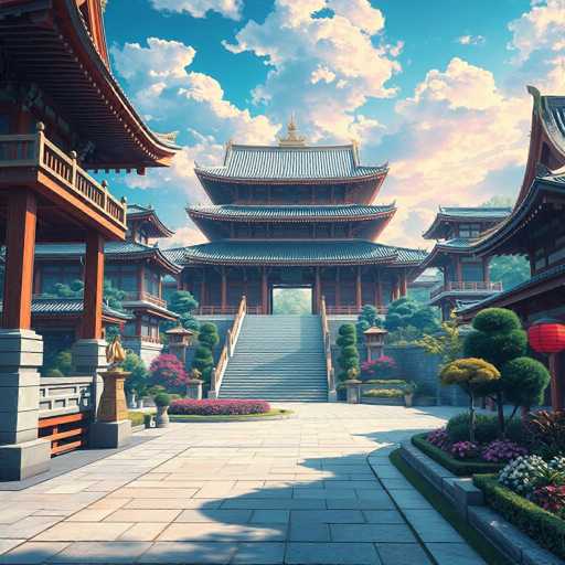The image depicts a traditional Chinese temple with a large golden spire and multiple tiers of roofs, surrounded by lush gardens filled with colorful flowers and trees. The temple is situated on a stone path that leads to the entrance, which features a red lantern hanging from it. The scene is set against a clear blue sky with fluffy white clouds.