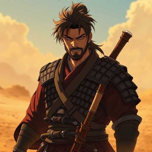 The image depicts a detailed, computer-generated drawing of a man standing in a desert landscape. The man is dressed in a red robe with a brown collar, and a brown vest that crisscrosses over his chest. He has a goatee and a beard, with brown hair that is styled in a spiky, somewhat long manner. His eyes are a striking reddish color, and he has a stern expression on his face. 

The man is equipped with various weapons, including a sword and a bow, both of which are sheathed and positioned on his back. He also has a brown belt with multiple straps, from which additional weapons are hanging. His arms are covered with brown sleeves, and he is wearing brown gloves. 

The background features a blue sky with white clouds, and the ground is covered in yellowish sand, indicating a desert setting. The overall scene is rich in detail, with the man's attire and weaponry meticulously rendered, creating a striking and dynamic image.