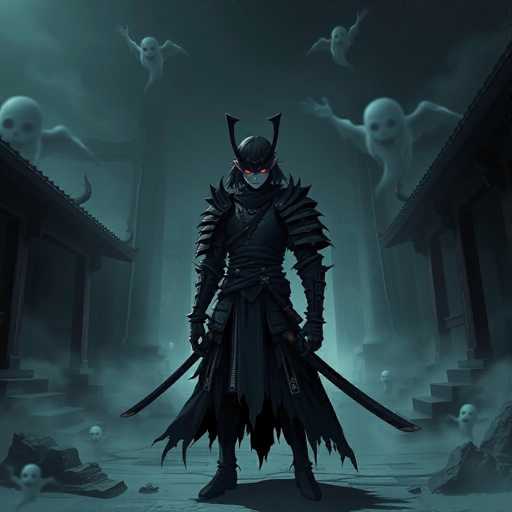 The image depicts a striking, computer-generated scene featuring a formidable warrior clad in intricate black armor. The warrior's attire includes a distinctive helmet with two prominent horns protruding from the top, and a mask that obscures their face, revealing only piercing red eyes. The armor is detailed with numerous spikes and sharp edges, adding to the menacing appearance. The warrior stands poised, gripping two swords, ready for battle.

In the background, a haunting atmosphere unfolds with a foggy, grayish-blue hue. Two traditional Japanese-style buildings frame the scene, their roofs adorned with ghostly figures that appear to be bats or birds. These spectral entities hover ominously, enhancing the eerie ambiance. The ground is littered with debris, including rocks and scattered skulls, suggesting a recent or impending conflict. The overall composition creates a sense of tension and foreboding, as the warrior stands prepared amidst the spectral landscape.