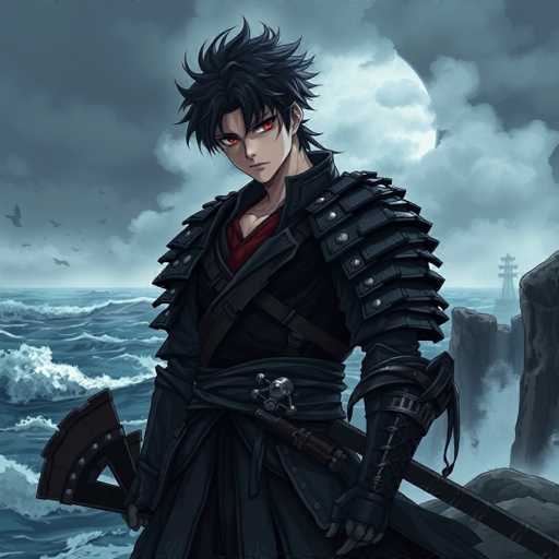 The image depicts a striking anime character with spiky black hair and intense red eyes, exuding a fierce and menacing aura. He is dressed in a black outfit adorned with metal shoulder pads, and a red shirt is visible underneath. A black sash is wrapped around his waist, and he wields a sword in his right hand. The background features a large, luminous moon partially obscured by clouds, casting a dramatic light over the scene. To the left, birds can be seen flying in the sky, while on the right, a lighthouse stands tall on a rocky outcrop. The ocean below is turbulent, with waves crashing against the rocks, adding to the overall sense of intensity and drama in the image.