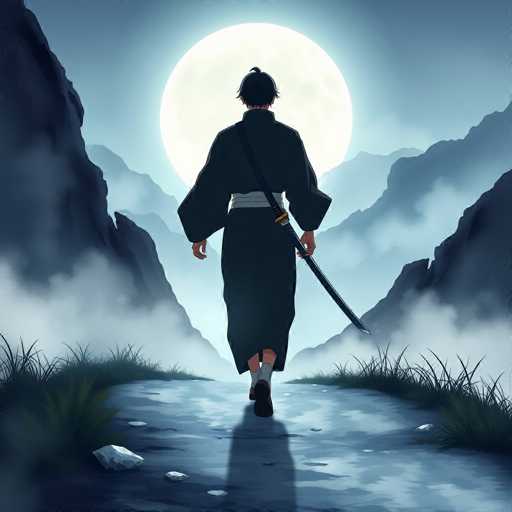 A captivating illustration depicts a lone samurai walking along a winding path that meanders through a mountainous landscape. The scene is set under a large, luminous moon that casts a soft glow over the entire setting. The samurai, clad in a traditional black robe with a white belt, has a sword strapped to his back, its tip pointing downward. His black hair is neatly tied up, and he wears white socks paired with black shoes. The path he treads is flanked by tall grass and scattered rocks, adding to the rugged terrain. The sky above is a serene blue, contrasting beautifully with the dark silhouettes of the mountains. The overall atmosphere is one of solitude and contemplation, as the samurai appears to be journeying into the unknown.