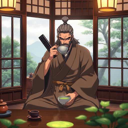 A man dressed in traditional Japanese clothing is seated at a table with a green plate and cup of tea in front of him. He holds a sword in his right hand while sipping from the cup. The background features a window overlooking a serene garden filled with trees and plants, creating a peaceful atmosphere.