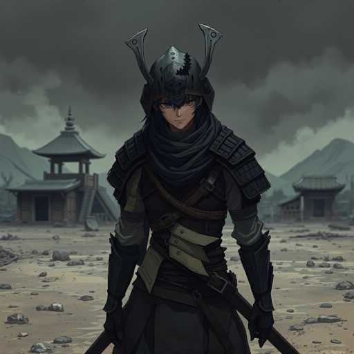 The image depicts a detailed, computer-generated scene from a video game, featuring a character dressed in traditional samurai attire. The character, who appears to be a young man, is adorned in a black helmet with two upward-pointing horns and a black scarf wrapped around his neck. He wears a black vest over a long-sleeved shirt and has black gloves on his hands. A sword is sheathed at his side, and he stands on a rocky, dirt-covered ground. In the background, there are several traditional Japanese-style buildings, including a pagoda-like structure with a distinctive roof and a staircase leading up to it. The sky is dark and cloudy, adding to the overall somber and mysterious atmosphere of the scene.