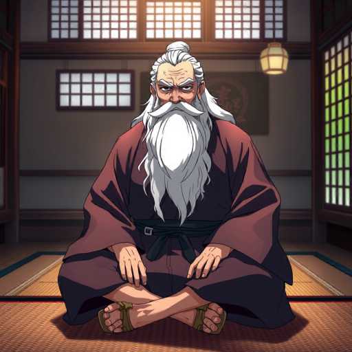 The image depicts a detailed, cartoon-style drawing of an elderly man seated in a traditional Japanese room. The man, who appears to be a master or sensei, has a long white beard and mustache, with his hair pulled back into a bun. He is dressed in a dark red or burgundy robe secured with a black belt, and he wears green sandals. His hands rest on his knees, and he gazes directly at the viewer with a stern expression.

The room features a brown floor with a blue and white mat beneath the man. The walls are adorned with several square windows, each divided into smaller panes by wooden frames. A black poster with red writing is visible on the wall behind him, and a yellow lantern hangs from the ceiling. To the right, there is a doorway with a similar grid-patterned window, through which green light filters in. The overall ambiance suggests a serene yet formal setting, possibly a dojo or a traditional Japanese home.