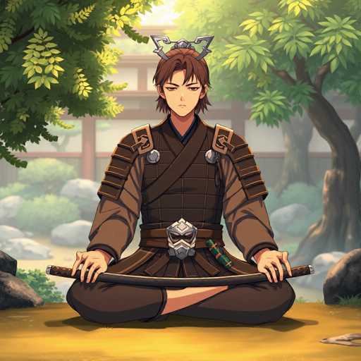 The image depicts a detailed, computer-generated scene of a young man, possibly in his late teens or early twenties, sitting cross-legged on a dirt ground. He is dressed in traditional samurai attire, featuring a brown robe with a plaid pattern and a matching brown vest. His outfit includes a belt with a silver buckle shaped like a samurai mask and a sheathed sword at his waist. The man has short brown hair and wears a silver headpiece with two prongs extending from the sides. He holds a long, thin samurai sword with both hands, his fingers wrapped around the hilt. The background showcases a serene, natural setting with a large tree on the right, a smaller tree on the left, and a traditional Japanese-style building with a brown frame and white walls. The scene is bathed in sunlight, adding to the tranquil atmosphere.