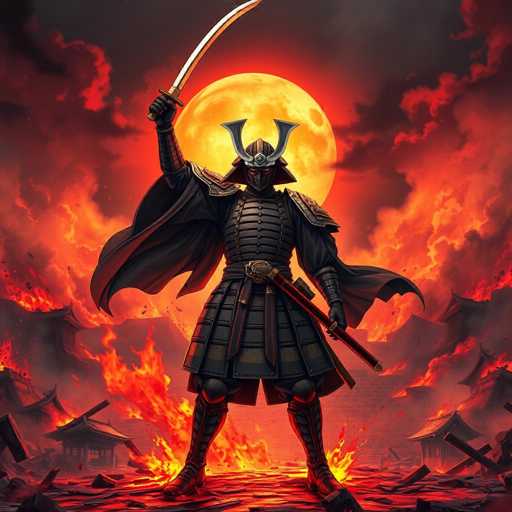 The image depicts a striking scene of a samurai warrior standing amidst a chaotic landscape. The samurai, clad in a black suit of armor with a red lining, wields a sword in his right hand, which is raised high. His left hand holds the sheath of his sword. The warrior's helmet features a distinctive U-shaped crest, and his face is obscured by a mask. His black boots are adorned with red lines, adding to his imposing appearance.

The ground beneath the samurai is ablaze with flames, casting an intense red glow over the scene. Surrounding him are the ruins of traditional Japanese buildings, their roofs and walls partially intact amidst the destruction. The sky is filled with dark, ominous clouds, further accentuated by the red hue from the fires below. In the background, a large, glowing yellow moon looms, its surface marked with darker spots, adding to the surreal and dramatic atmosphere of the image.