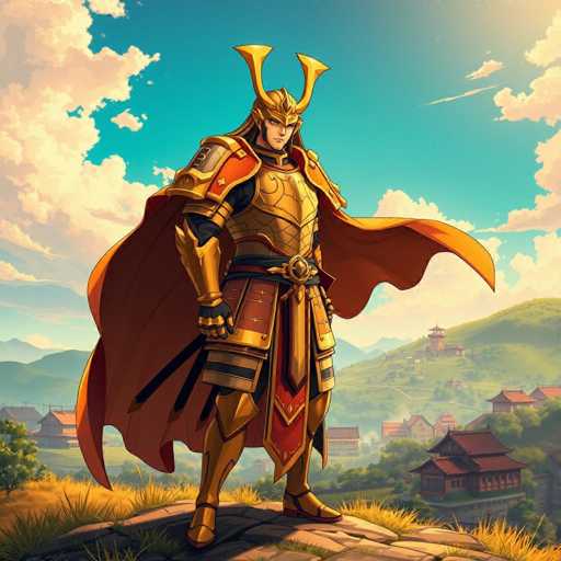The image depicts a detailed, cartoon-style drawing of a warrior standing on a rocky outcrop. The warrior is adorned in elaborate gold armor, complete with a helmet featuring two prominent horns. His attire includes a flowing cape that transitions from gold to a reddish hue. The warrior's armor extends to his legs, where he wears gold boots, and he has a black belt with a gold buckle around his waist. His arms are covered with gold gloves, and his shoulders are protected by large, gold shoulder pads. Beneath the armor, he wears a black shirt and pants. The background showcases a blue sky with white clouds, green hills, and traditional Asian-style buildings with red roofs. The scene is set in a picturesque, mountainous landscape, adding to the overall grandeur of the warrior's appearance.