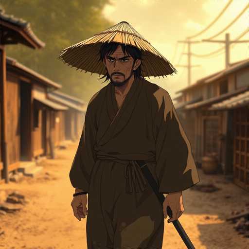 This detailed illustration depicts a stern-looking samurai standing in a dirt alleyway, flanked by traditional wooden shacks on either side. The samurai, who appears to be of Asian descent, is adorned in a dark brown robe cinched at the waist with a black belt. His attire includes a wide-brimmed straw hat, reminiscent of a large sombrero, casting a shadow over his face. His facial features are marked by a thick mustache and a goatee, with long black hair that extends past his ears. In his left hand, he firmly grips a sword, while his right hand rests by his side. The scene is set under a clear sky, with sunlight illuminating the ground and casting a warm glow on the samurai's back. The overall atmosphere is one of quiet tension, as the samurai gazes directly at the viewer, his expression stern and unsmiling.