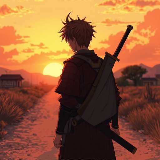 In this captivating image, a lone samurai stands on a dirt road, his back turned towards the viewer. The scene is bathed in the warm, golden hues of a setting sun, casting a serene glow over the landscape. The samurai's short, spiky brown hair catches the light, adding a dynamic texture to his silhouette. A long, sheathed sword rests on his back, its handle pointing upwards, hinting at his readiness for battle. The dirt road he stands on is flanked by tall grasses, leading the eye towards a distant tree and a small house on the right. To the left, another house is nestled among the trees, adding to the rustic charm of the setting. The sky is a canvas of vibrant colors, with clouds tinged in shades of orange and yellow, perfectly complementing the overall atmosphere of tranquility and anticipation.